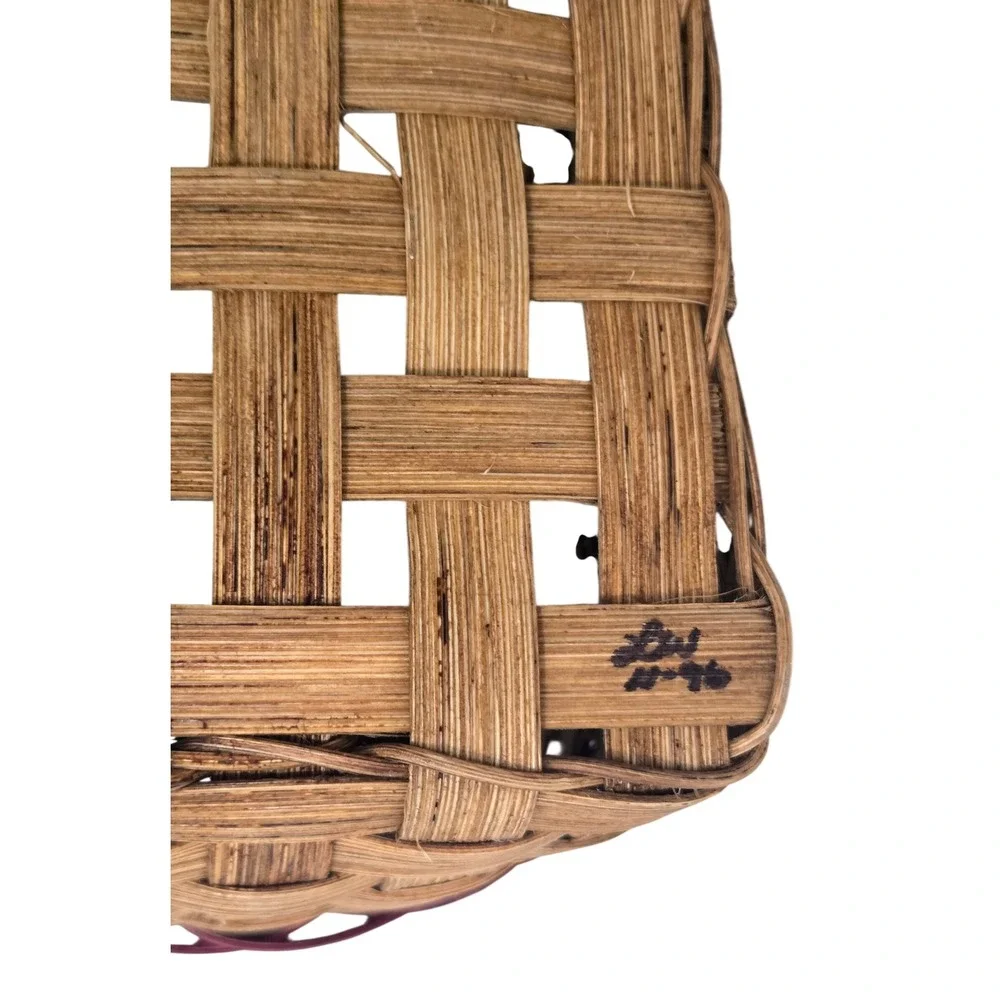 Vintage Signed Artisan Woven Splint Garden Gathering Basket Wood Handle 1996